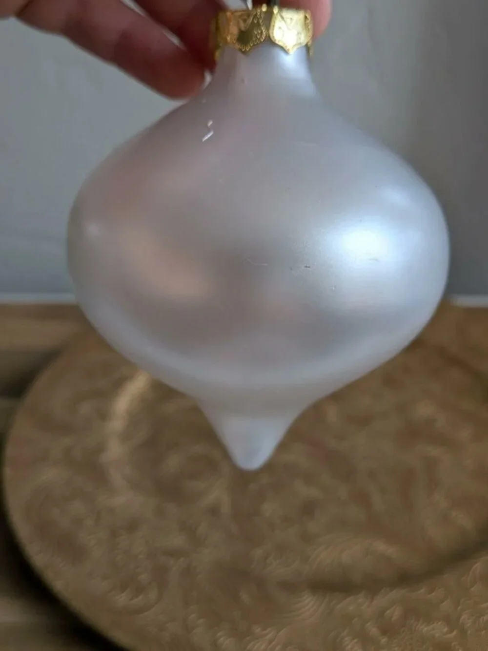 Vintage Frosted Translucent White Glass Teardrop Christmas Ornament Gold Cap 5